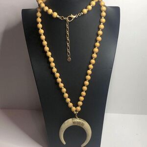1627 Boho modern chic Wood bead resin horn crescent statement necklace 36"